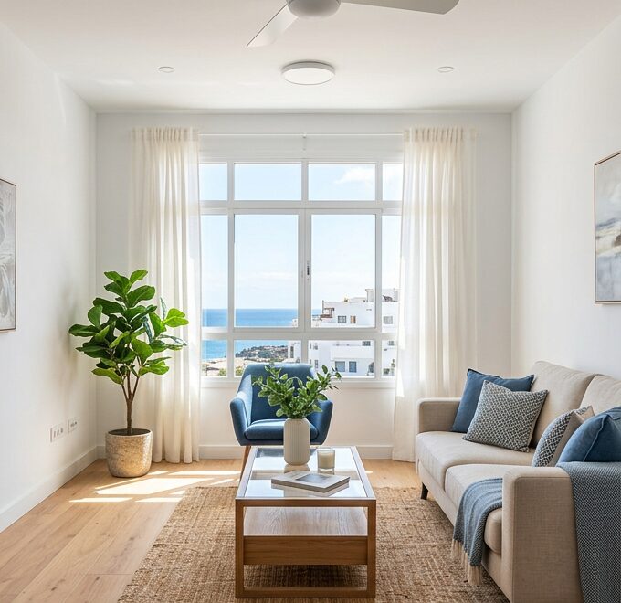 Después: salón reformado, luminoso, con suelo de madera, paredes blancas y vistas al mar