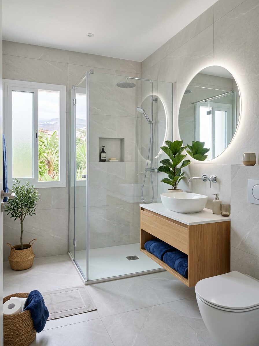 Baño reformado con plato de ducha, mueble de madera y espejo redondo iluminado