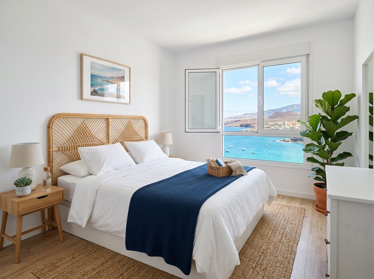 Dormitorio luminoso preparado para alquilar, con colcha azul y vistas al mar