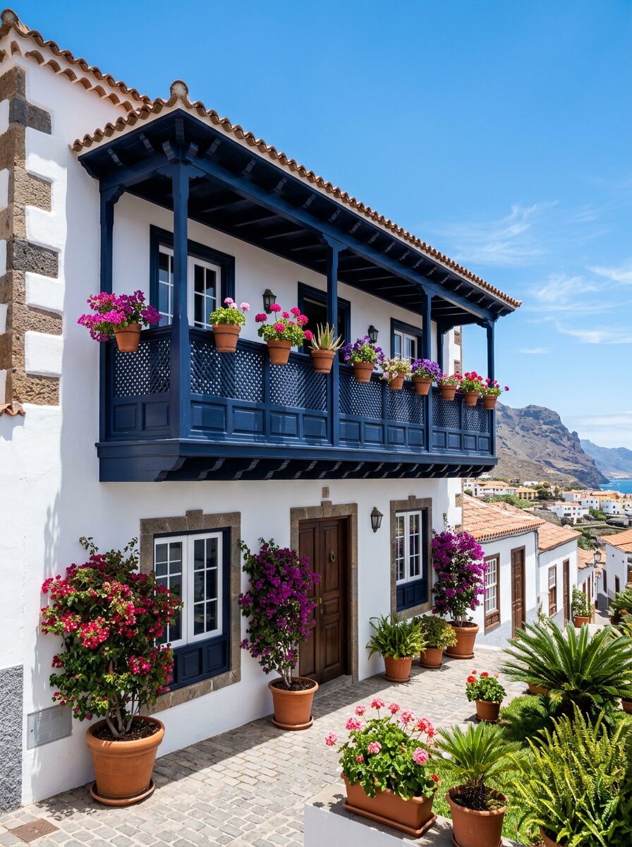 Casa canaria recién renovada, fachada blanca con balcón de madera azul y macetas con flores