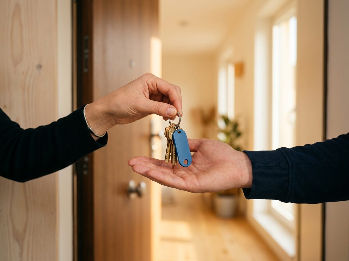 Entrega de las llaves de una vivienda con llavero azul