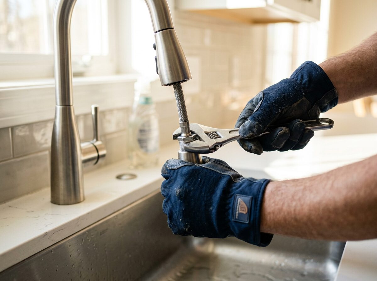 Manos con guantes azules reparando un grifo de cocina