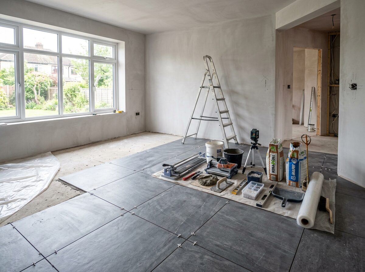 Habitación en plena reforma con suelo de gres nuevo y herramientas ordenadas